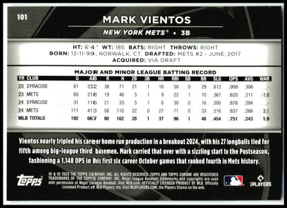 2025 Topps Chrome Black White Refractors #101 Mark Vientos #/10 New York Mets