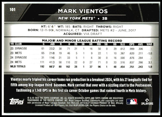 2025 Topps Chrome Black White Refractors #101 Mark Vientos #/10 New York Mets