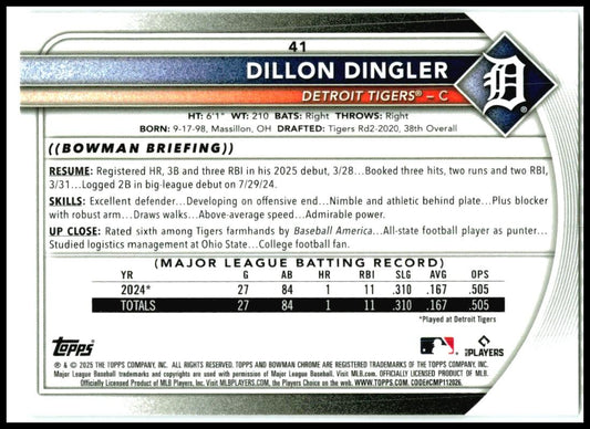 2025 Bowman Chrome #41 Dillon Dingler Rookie Detroit Tigers