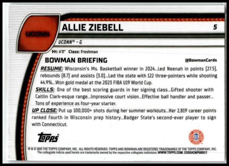 2024-25 Bowman University Chrome #5 Allie Ziebell Connecticut Huskies