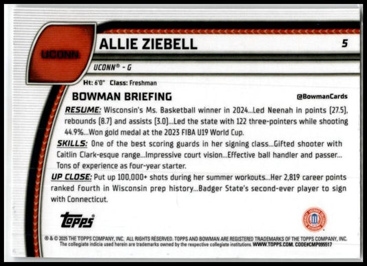 2024-25 Bowman University Chrome #5 Allie Ziebell Connecticut Huskies