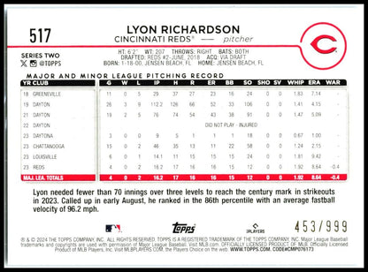 2024 Topps Blue Holofoil #517 Lyon Richardson Rookie #/999 Cincinnati Reds