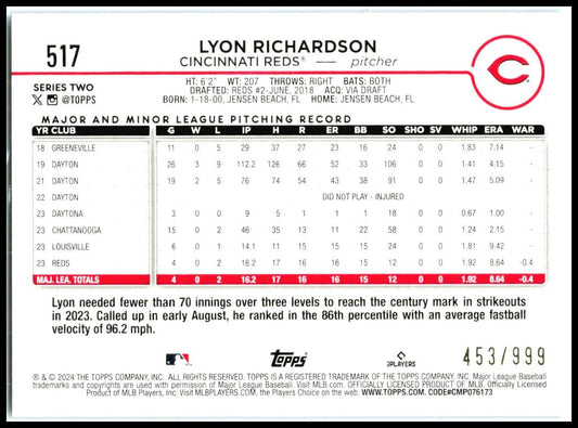 2024 Topps Blue Holofoil #517 Lyon Richardson Rookie #/999 Cincinnati Reds