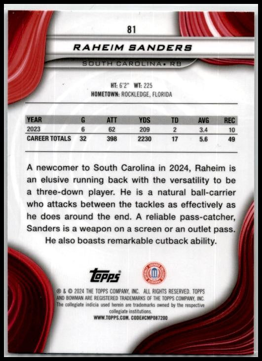2024 Bowman University Best #81 Raheim Sanders South Carolina Gamecocks