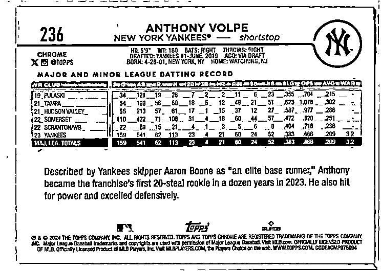 2024 Topps Chrome Raywave Refractors #236 Anthony Volpe New York Yankees