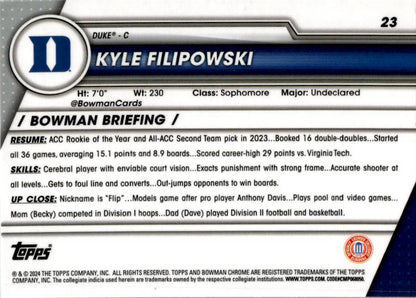 2023-24 Bowman University Chrome #23 Kyle Filipowski Duke Blue Devils