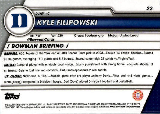 2023-24 Bowman University Chrome #23 Kyle Filipowski Duke Blue Devils