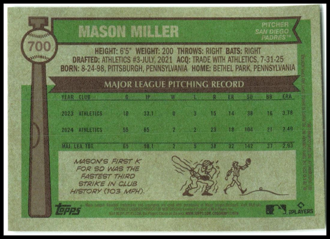 2025 Topps Heritage #700 Mason Miller San Diego Padres