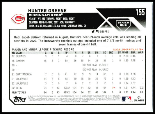2023 Topps #155 Hunter Greene Cincinnati Reds