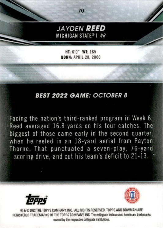 2022-23 Bowman's Best University #70 Jayden Reed Michigan State Spartans