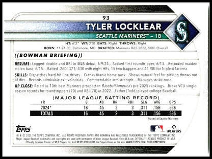2025 Bowman #93 Tyler Locklear Rookie Seattle Mariners