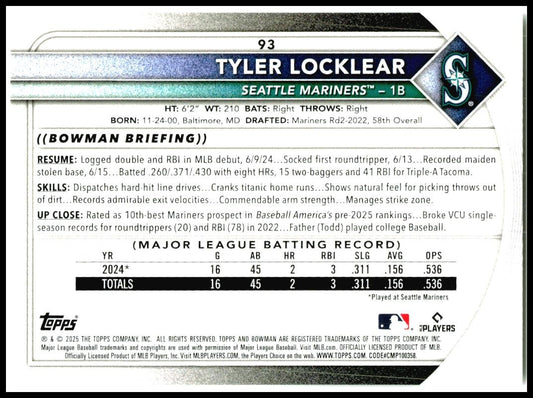 2025 Bowman #93 Tyler Locklear Rookie Seattle Mariners