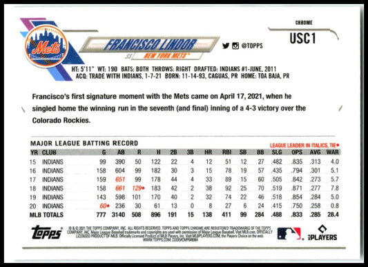 2021 Topps Chrome Update #USC1 Francisco Lindor New York Mets
