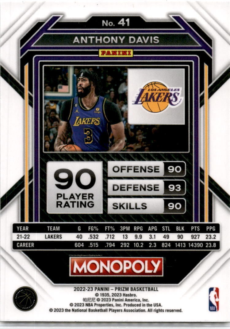 2022-23 Panini Prizm Monopoly #41 Anthony Davis Los Angeles Lakers