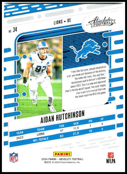 2024 Panini Absolute #34 Aidan Hutchinson Detroit Lions