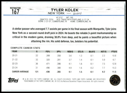 2024-25 Topps Chrome Refractor #167 Tyler Kolek Rookie New York Knicks