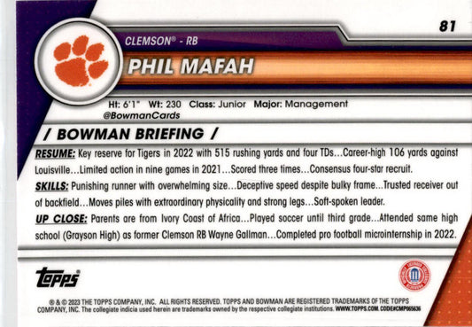 2023 Bowman University Chrome Pink #81 Phil Mafah Clemson Tigers