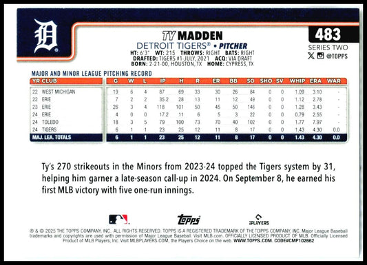 2025 Topps #483 Ty Madden Rookie Detroit Tigers
