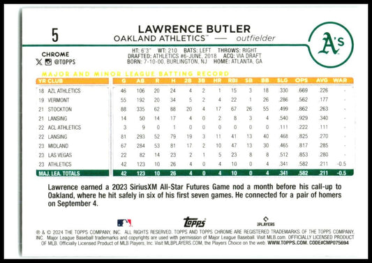 2024 Topps Chrome #5 Lawrence Butler Rookie Oakland Athletics