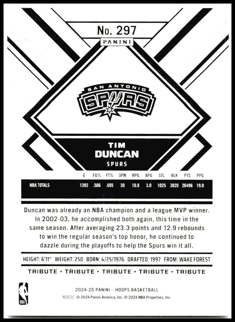 2024-25 Hoops Winter Purple #297 Tim Duncan San Antonio Spurs