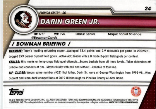 2023-24 Bowman University Chrome #24 Darin Green Jr. Florida State Seminoles