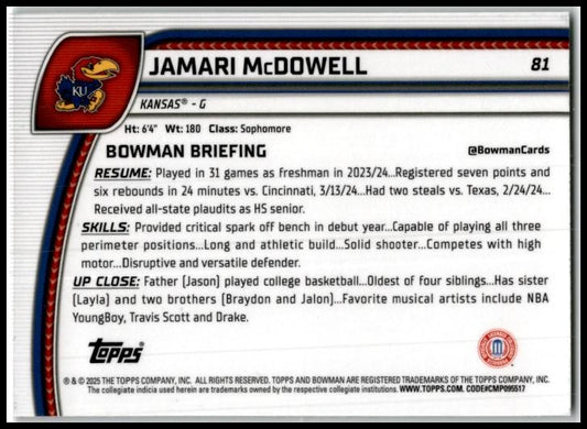 2024-25 Bowman University Chrome Green Shimmer #81 Jamari McDowell Kansas