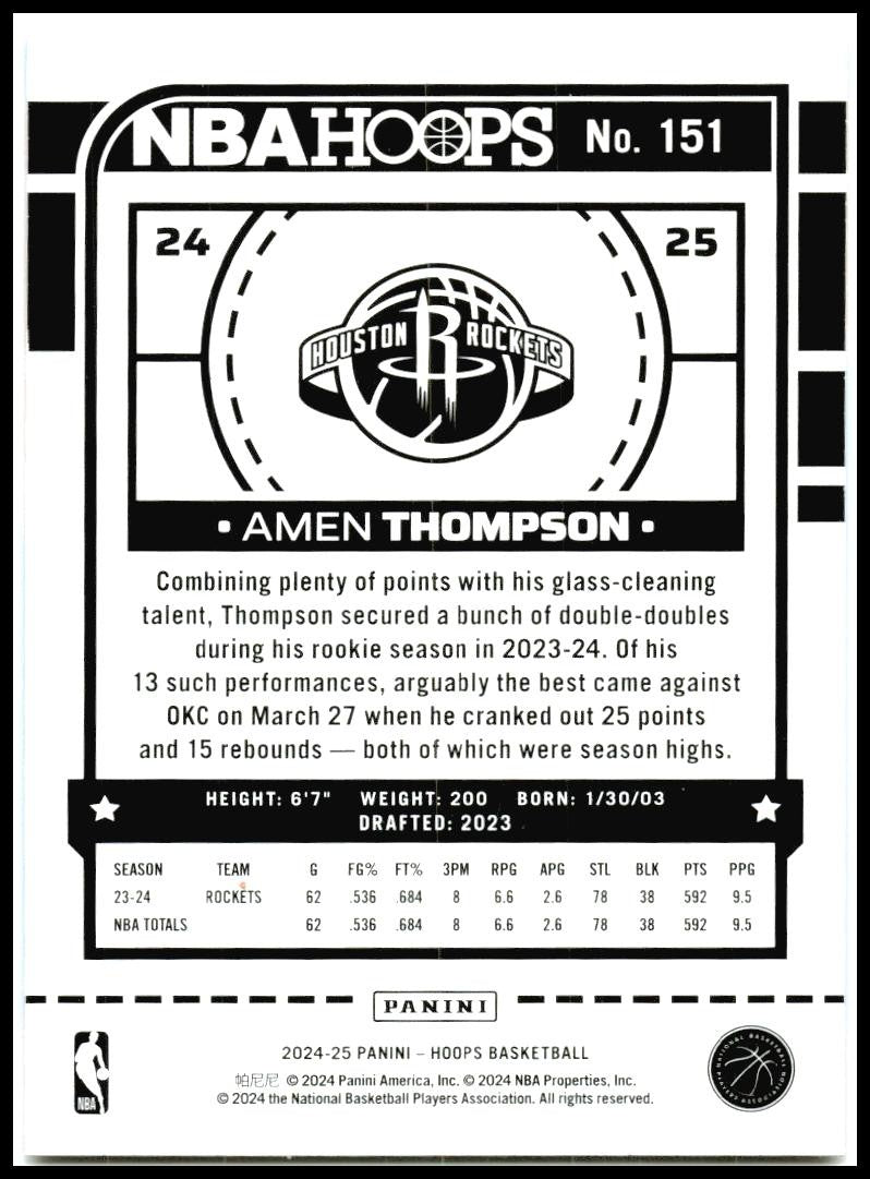 2024-25 Hoops Winter Purple #151 Amen Thompson Houston Rockets