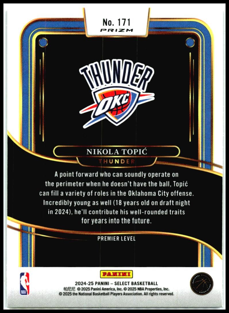 2024-25 Panini Select Purple and Green #171 Nikola Topic Rookie Thunders