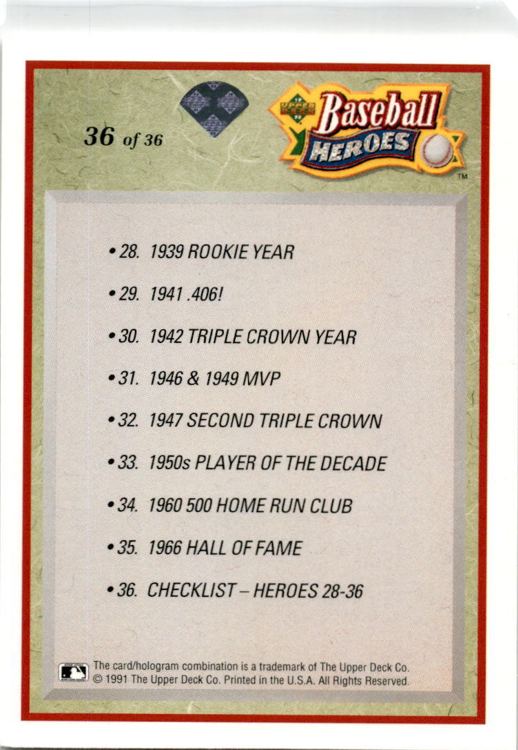 1992 Upper Deck Baseball Heroes: #36 Ted Williams Boston Red Sox