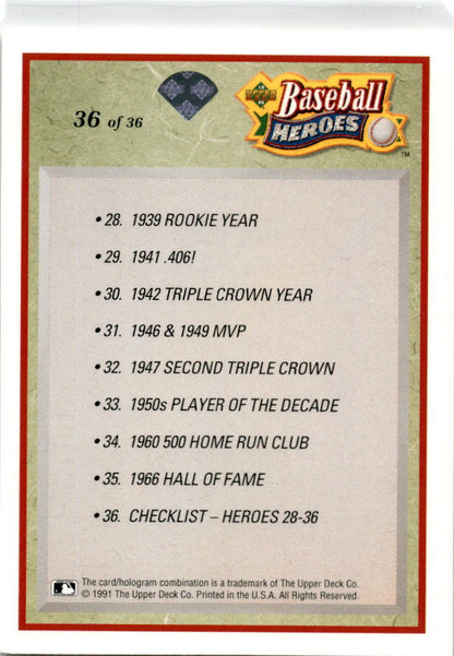 1992 Upper Deck Baseball Heroes: #36 Ted Williams Boston Red Sox