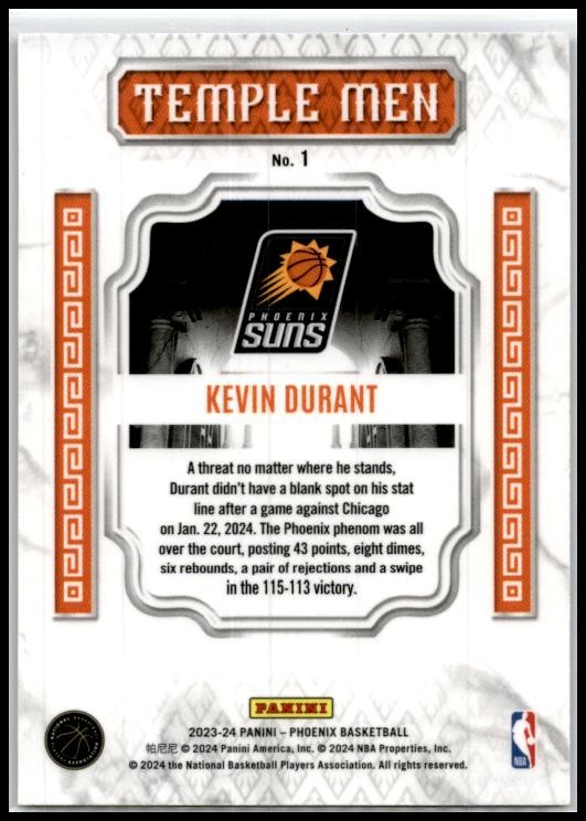 2023-24 Panini Phoenix Temple Men Phoenix Blue Ice #1 Kevin Durant Phoenix Suns