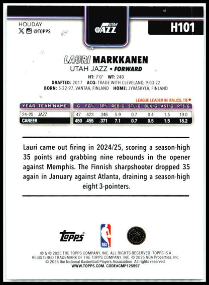 2025-26 Topps Holiday Glitter Holiday #H101 Lauri Markkanen Utah Jazz