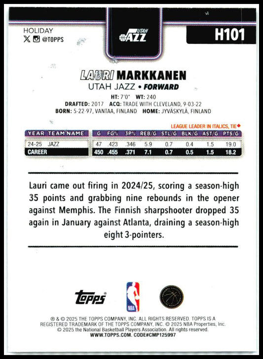 2025-26 Topps Holiday Glitter Holiday #H101 Lauri Markkanen Utah Jazz