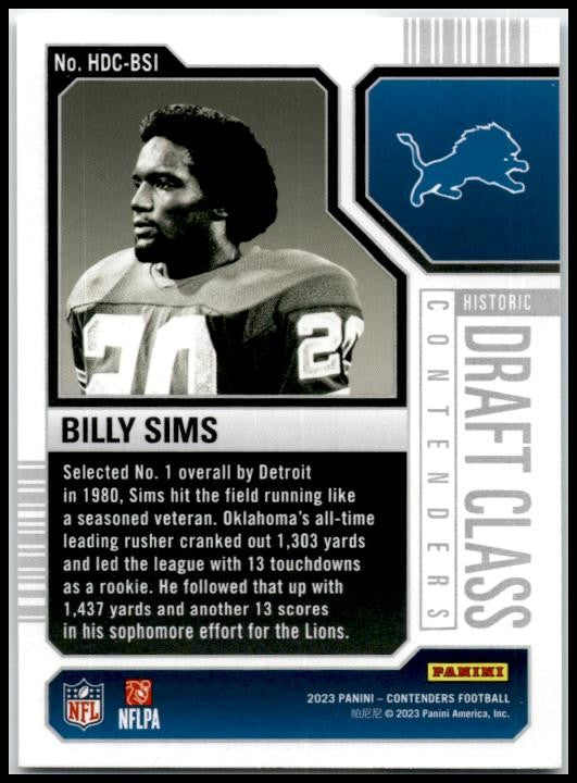 2023 Contenders Historic Draft Class Contenders #HDC-BSI Billy Sims Lions