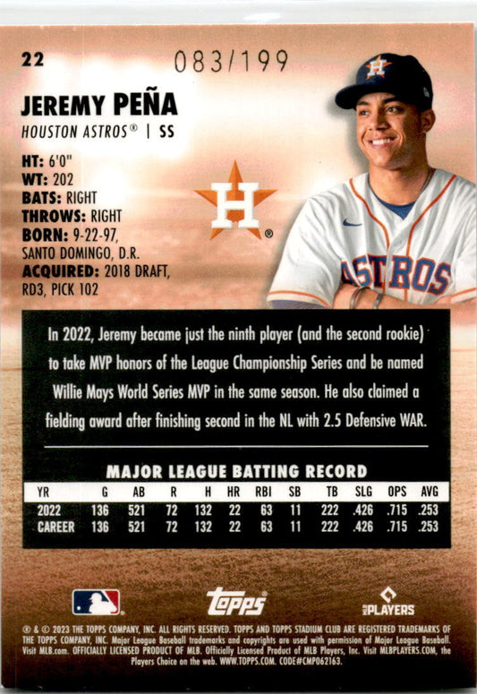 2023 Stadium Club Orange Foil #22 Jeremy Peña Houston Astros /199