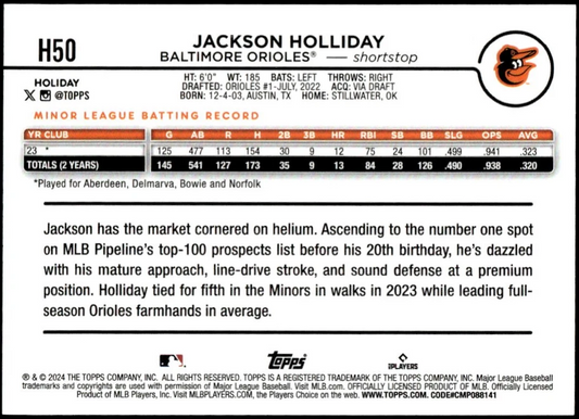 Jackson Holliday 2024 Topps Holiday #H50 RC