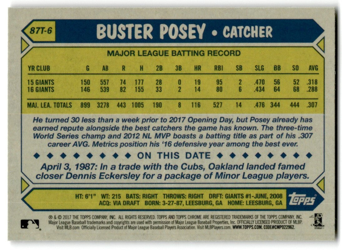 2017 Topps Chrome 1987 Baseball Buster Posey San Francisco Giants #87T-6