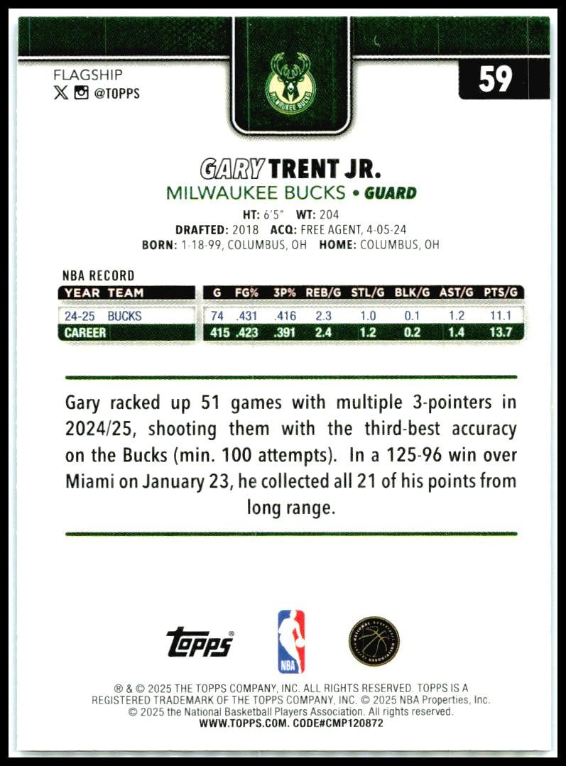 2025-26 Topps Sandglitter Blue SSP #59 Gary Trent Jr. Milwaukee Bucks