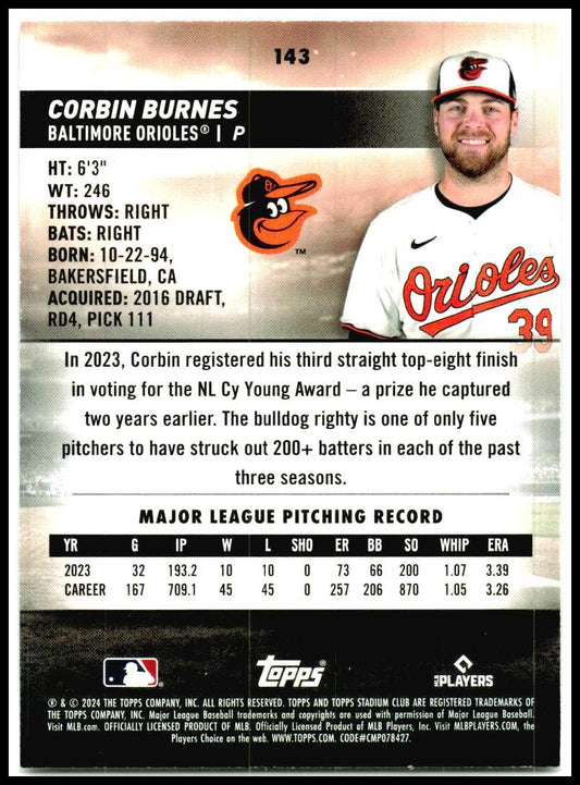 2024 Stadium Club #143 Corbin Burnes Baltimore Orioles