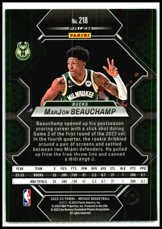 2022-23 Panini Mosaic Green #218 MarJon Beauchamp Rookie Milwaukee Bucks
