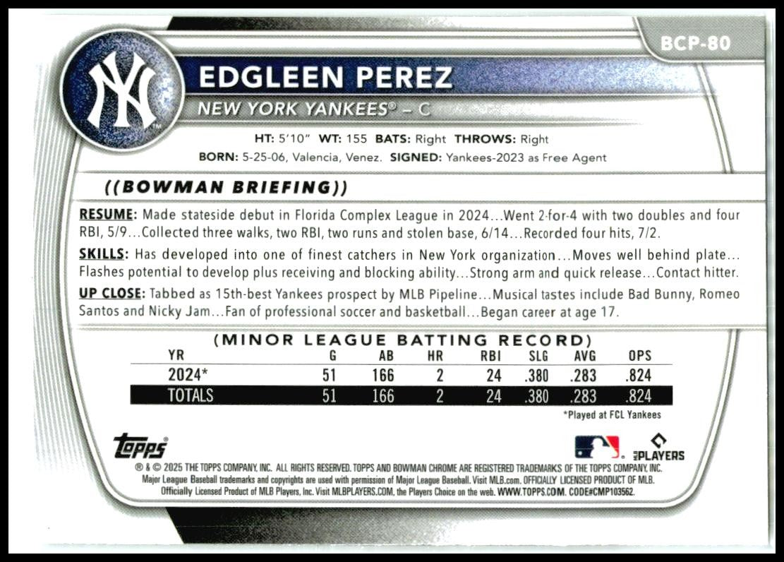 2025 Bowman Chrome Prospects Mojo Refractor #BCP-80 Edgleen Perez Yankees