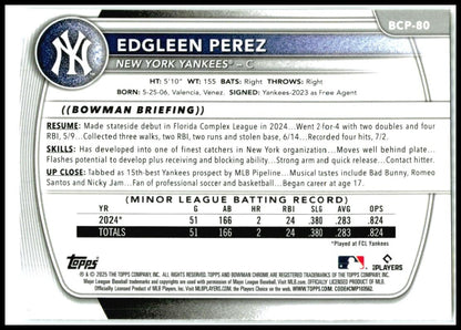 2025 Bowman Chrome Prospects Mojo Refractor #BCP-80 Edgleen Perez Yankees