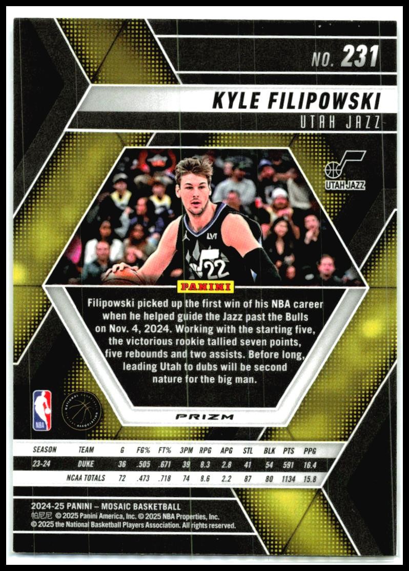 2024-25 Panini Mosaic Silver #231 Kyle Filipowski Rookie Utah Jazz