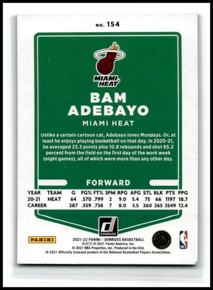 2021-22 Donruss Holo Teal Laser #154 Bam Adebayo Miami Heat