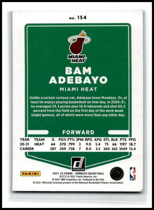 2021-22 Donruss Holo Teal Laser #154 Bam Adebayo Miami Heat