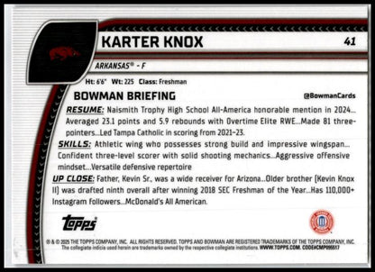 2024-25 Bowman University Chrome Purple Lava Refractor #41 Karter Knox Arkansas