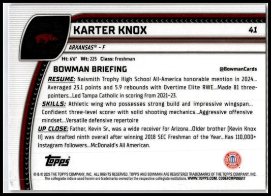 2024-25 Bowman University Chrome Purple Lava Refractor #41 Karter Knox Arkansas