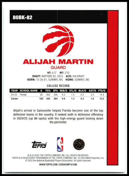 2025-26 Topps 1980-81 Topps Basketball #80BK-82 Alijah Martin Toronto Raptors