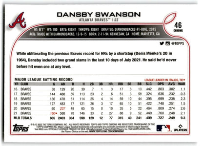 2022 Topps Chrome Dansby Swanson Atlanta Braves #46