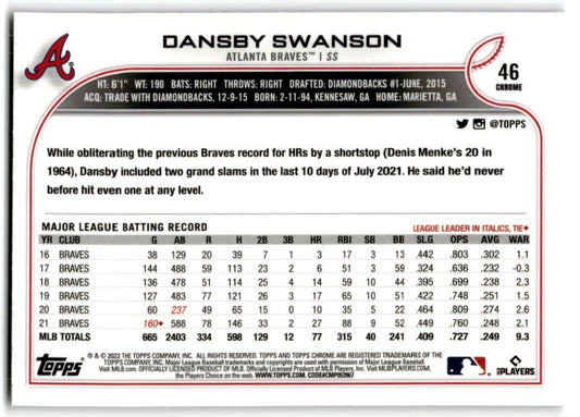 2022 Topps Chrome Dansby Swanson Atlanta Braves #46